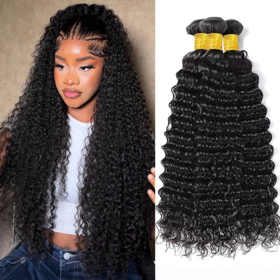 Deep Wave Human Hair Bundles 100% Unprocessed Brazilian Virgin Remy Hair Deep Curly 3 Bundles Weft Weave Human Hair